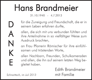 Traueranzeige von Hans Brandmeier von Pegnitz-Zeitung